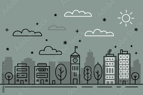 city clocktower vector with street, buildings and skyline