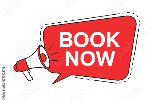 book now badge with megaphone speech bubble marketing vector