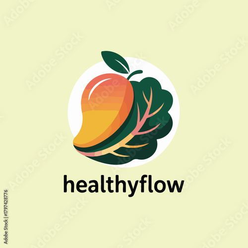 A vibrant logo featuring a stylized mango and a green leafy vegetable, such as kale, within a white circle, with the brand name 'healthyflow' below, set against a soft yellow-green background.