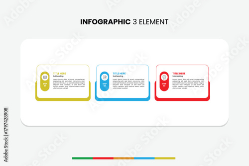 Modern 3-step education infographic. Ideal for presenting learning objectives, course modules, or school program steps. Features educational icons. Fully editable vector