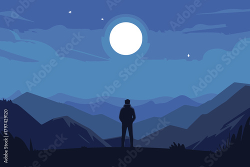 moon full moon night sky lone figure facing ridged mountain ranges