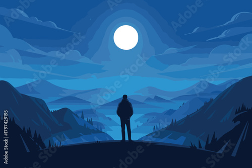 moon person standing on hilltop under full moon and starry sky