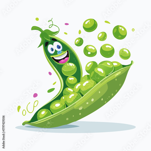 A mischievous pea pod has unzipped itself, releasing a chaotic stream of rolling, laughing individual peas.