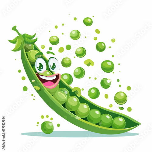 A mischievous pea pod has unzipped itself, releasing a chaotic stream of rolling, laughing individual peas.