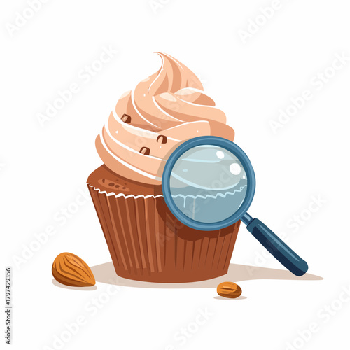 A sophisticated cupcake wearing a monocle meticulously inspects a minuscule crumb through a tiny magnifying glass.