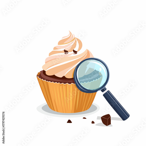 A sophisticated cupcake wearing a monocle meticulously inspects a minuscule crumb through a tiny magnifying glass.