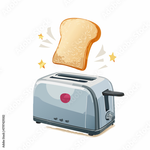 A dramatic slice of bread is caught mid-air, comically attempting to avoid being toasted by a looming toaster.