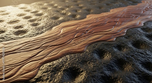 Fototapeta Naklejka Na Ścianę i Meble -  Wavy wooden path with carved patterns flowing across a dark cratered textured surface under warm light