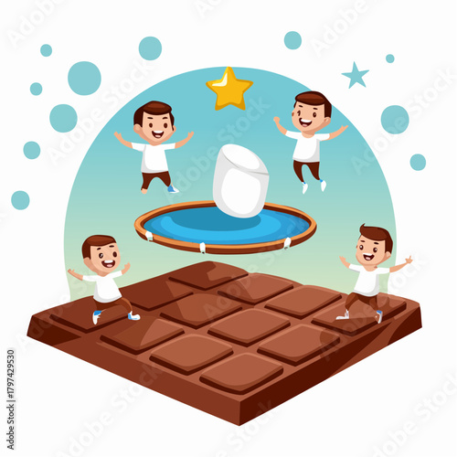 A group of tiny, excited marshmallows are staging a daring trampoline jump off a giant chocolate bar.