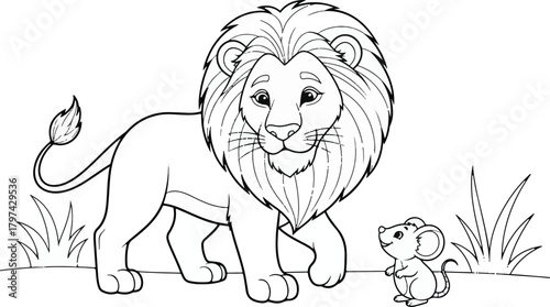 A charming black and white coloring page illustration featuring a friendly cartoon lion and a small mouse standing together, depicted with simple outline art and grass details.