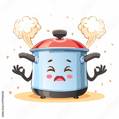 A stressed-out rice cooker is seen frantically trying to meditate, emitting tiny, frustrated puffs of steam.