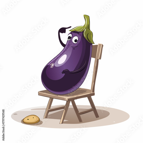 A philosophical eggplant sits thoughtfully on a tiny chair, deeply contemplating a small, existential breadcrumb.