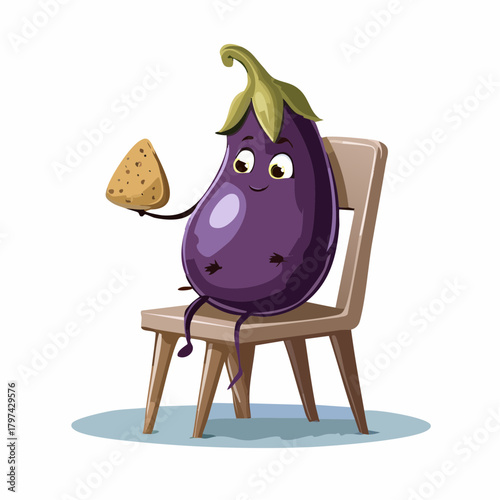A philosophical eggplant sits thoughtfully on a tiny chair, deeply contemplating a small, existential breadcrumb.