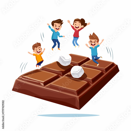 A group of tiny, excited marshmallows are staging a daring trampoline jump off a giant chocolate bar.