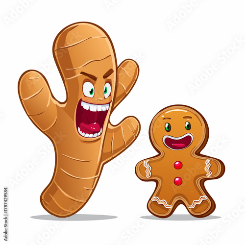 An outraged ginger root is furiously shouting at a calm, smiling, innocent-looking gingerbread man.