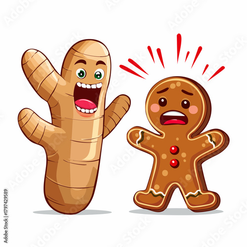 An outraged ginger root is furiously shouting at a calm, smiling, innocent-looking gingerbread man.