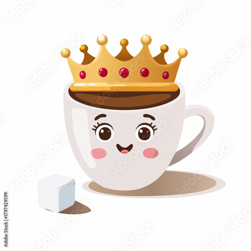 A majestic cup of coffee is wearing a tiny crown and imperiously commanding a nervous-looking sugar cube.
