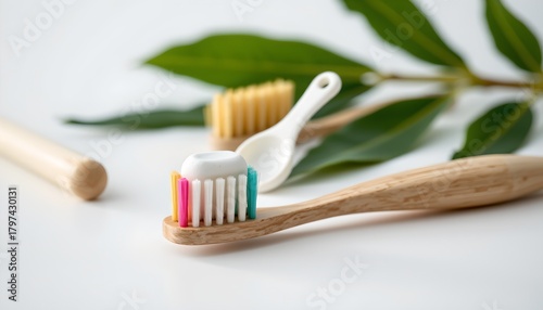 A toothbrush with three different bristle colors sits in a wooden holder alongside a pile of natural fiber toothpaste tablets