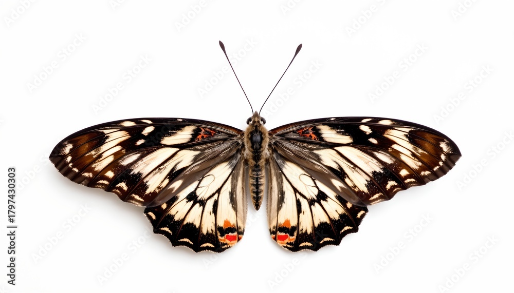 Fototapeta premium A butterfly with vibrant wing patterns, showcasing its open wings against a neutral background.