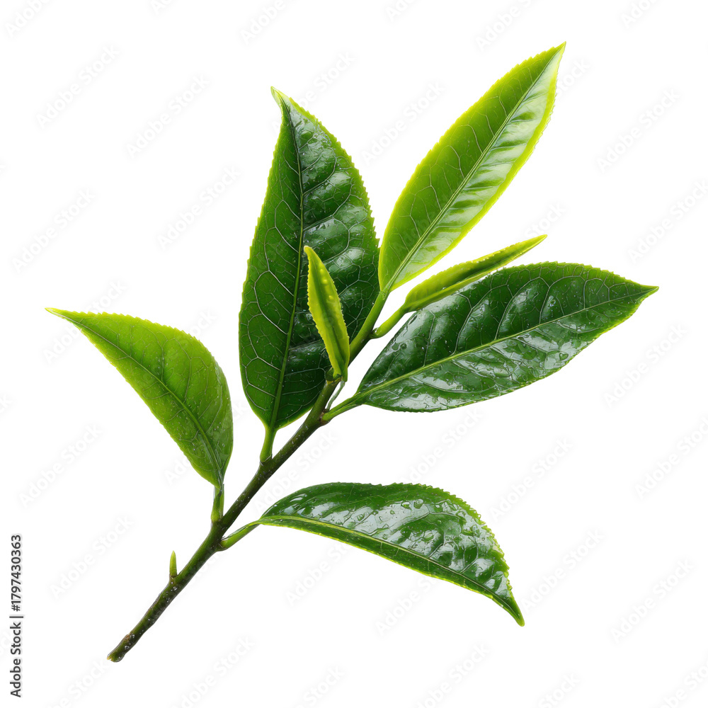 Obraz premium Fresh Tea Leaves: A close-up view of fresh green tea leaves. Showcasing the natural beauty and freshness of tea leaves, Perfect for culinary, wellness, and natural products concepts.
