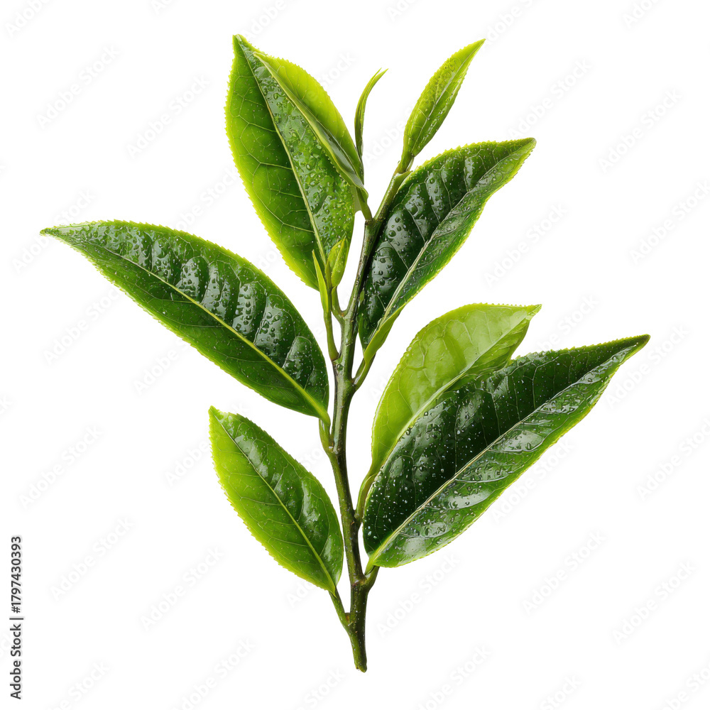 Fototapeta premium Fresh Tea Leaves: A vibrant close-up captures the delicate beauty of fresh green tea leaves, showcasing their lush texture and rich color.