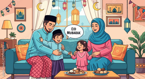 A happy Muslim family celebrating Eid Mubarak at home with traditional decorations and sweets.