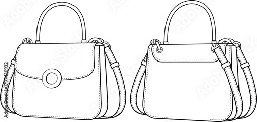 Elegant women’s handbag technical flat sketch, detailed CAD fashion bag vector illustration showing front and back view with handle design