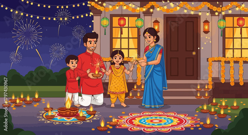 Family celebrating Diwali with diyas and rangoli outside their decorated home.