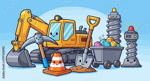 Cartoon illustration of mining equipment and tools with cute faces on a light blue background.
