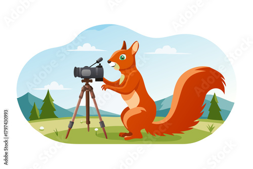Red Squirrel looking into the lens of a digital single-lens reflex camera on a tripod in rural landscape, Artica, Navarra, Spain icon
