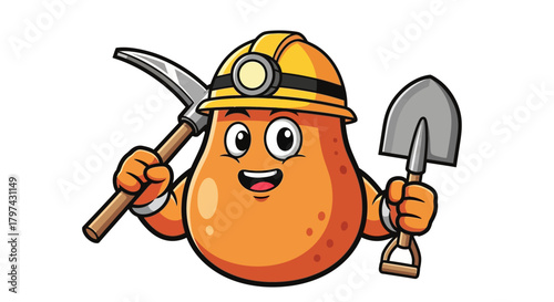 Cartoon potato miner with pickaxe and shovel, wearing a hard hat.
