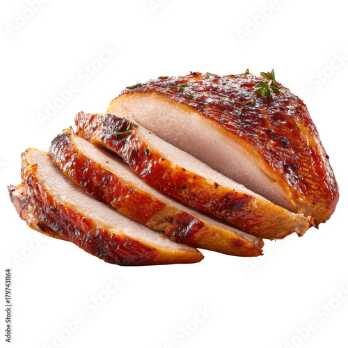 Slices of Roasted Turkey: Tender slices of succulent roasted turkey, artfully arranged, promising a delectable feast for any occasion.