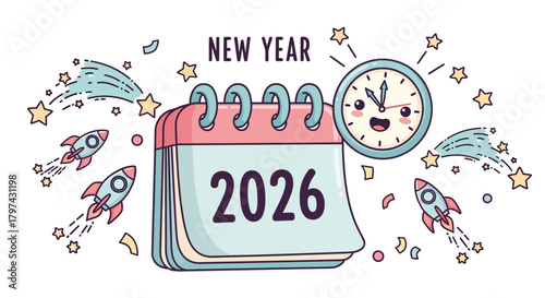 Cartoon illustration of a calendar and clock celebrating New Year 2026.