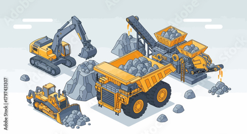 Isometric illustration of mining equipment and materials on a light background.
