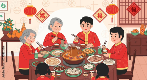 Family enjoying a traditional Chinese New Year reunion dinner together.
