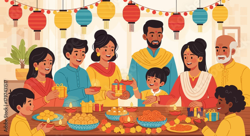 Family celebrating Diwali with gifts, sweets, and lanterns.
