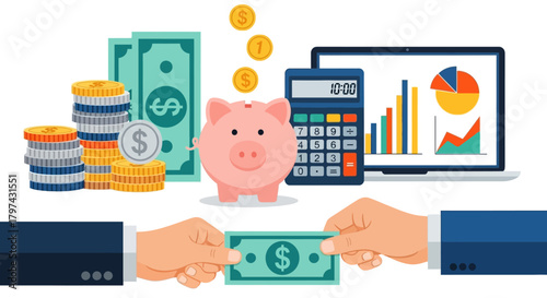 Financial planning illustration with piggy bank, money, calculator, and hands exchanging a dollar bill.