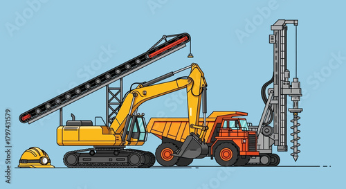 Illustration of construction vehicles and a hard hat on a blue background.