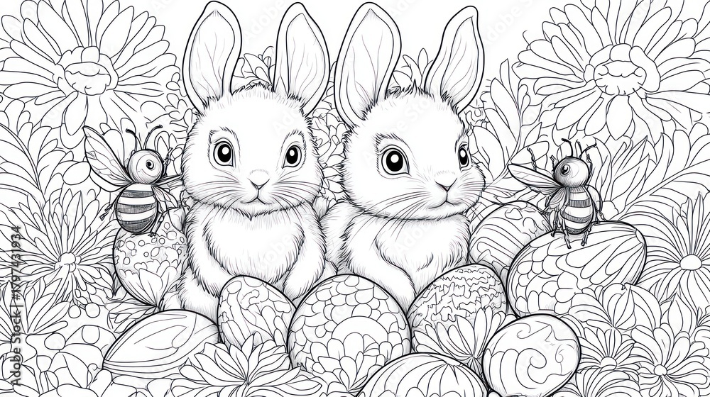 Fototapeta premium Easter bunnies amidst flowers and eggs, coloring page
