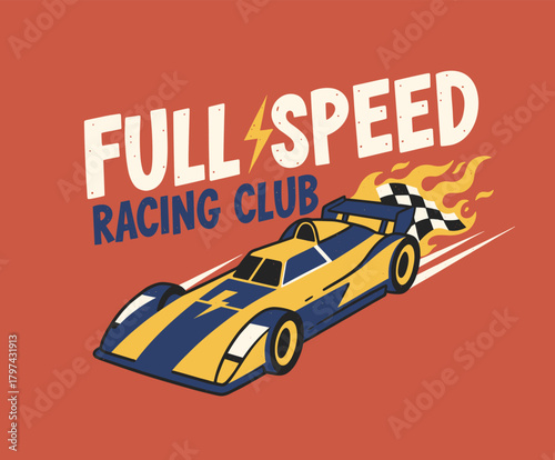 Full Speed Racing Club.Retro Race Car Illustration.Vintage Sport Vehicle Emblem.Formula Speed Vector Art.High Velocity T-shirt Graphic