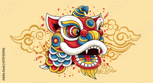 Vibrant illustration of a Chinese lion dance head with intricate details and a festive, celebratory feel.