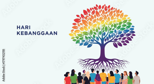 Illustration of a tree with rainbow-colored leaves for Hari Kebanggaan.