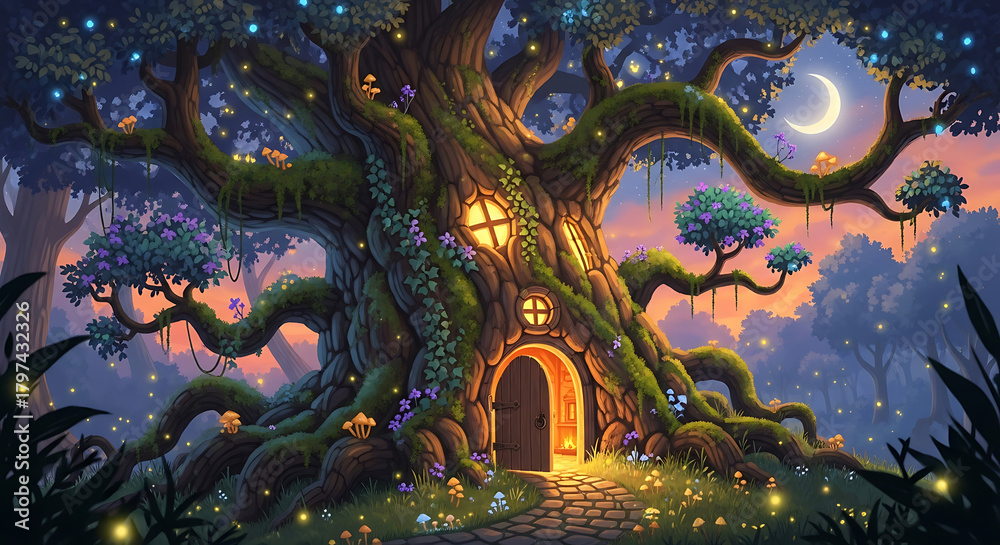 Fototapeta premium A whimsical treehouse with glowing windows and a crescent moon in a magical forest at twilight time