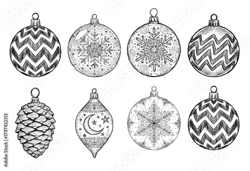 Christmas ornaments set in hand-drawn sketch style in black and white