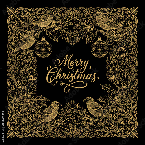 Merry Christmas vintage ornament with holly border in gold on black