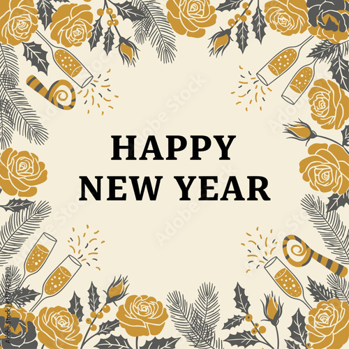 Happy new year text typography design, Christmas flatlay in rustic style in red and green