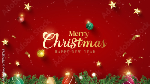 Merry Christmas decoration with christmas balls and bells with fir branches and Christmas lights  background. Bright Christmas and New Year design holiday frame. 