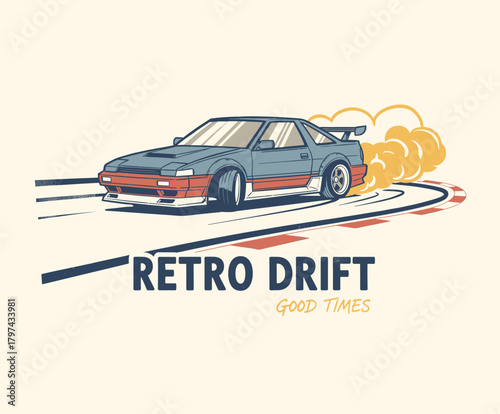 Retro Drift Car Illustration.Vintage Racing Graphic Design.Classic JDM Coupe on Track.Motorsport Smoke Graphic Tee.Old School Drifting Vector