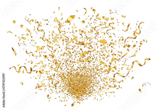 Explosion of golden confetti and streamers isolated on transparent background