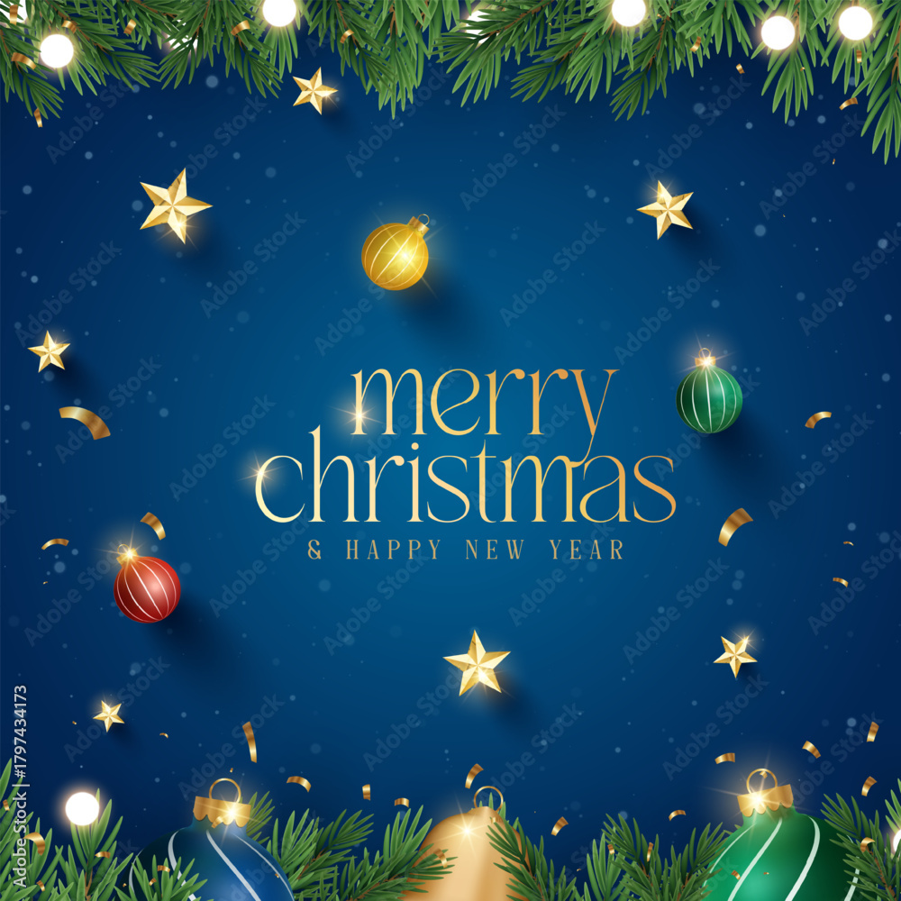 Naklejka premium Merry Christmas decoration with christmas balls and bells with fir branches and Christmas lights background. Bright Christmas and New Year design holiday frame.